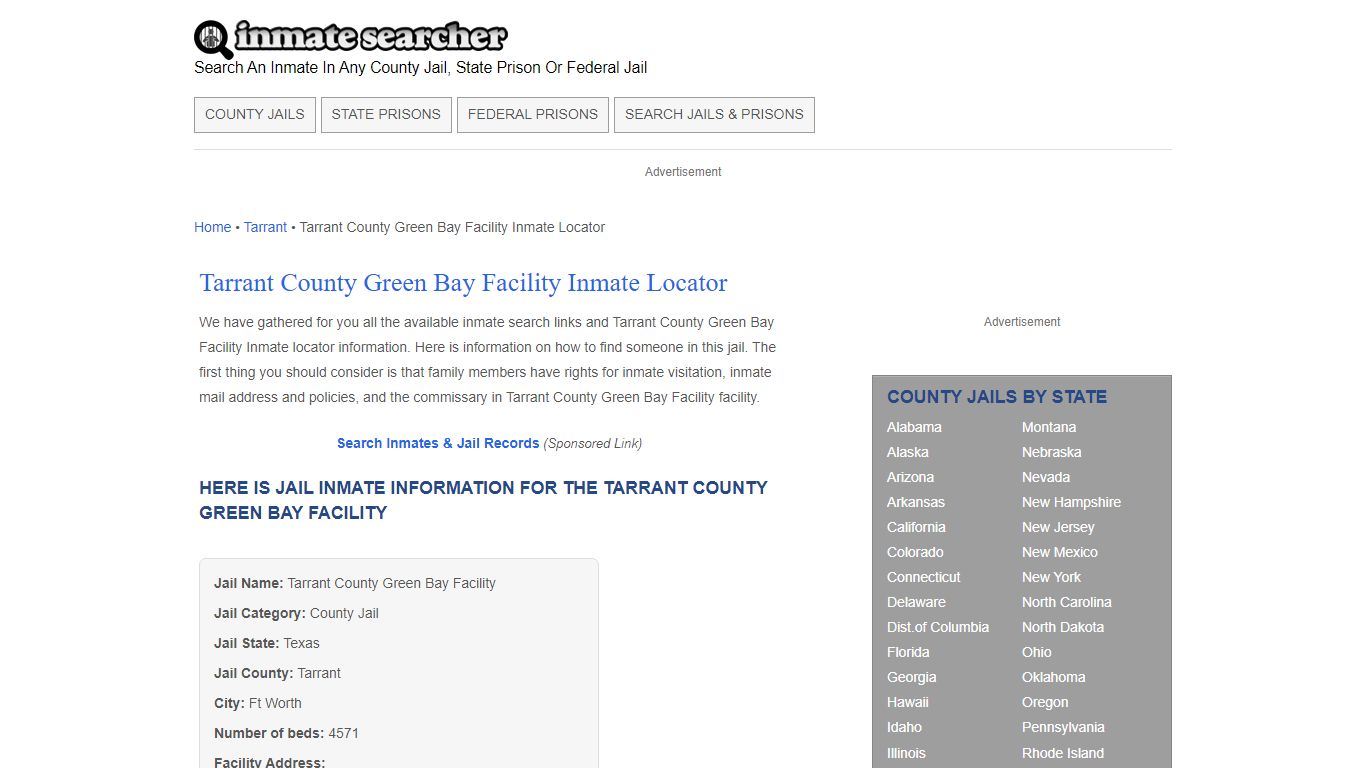 Tarrant County Green Bay Facility Inmate Locator - Inmate Searcher
