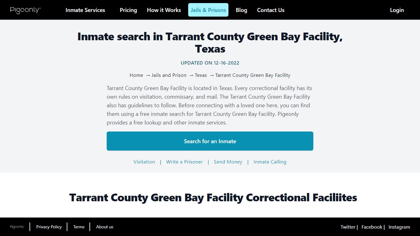 Inmate search in Tarrant County Green Bay Facility, Texas